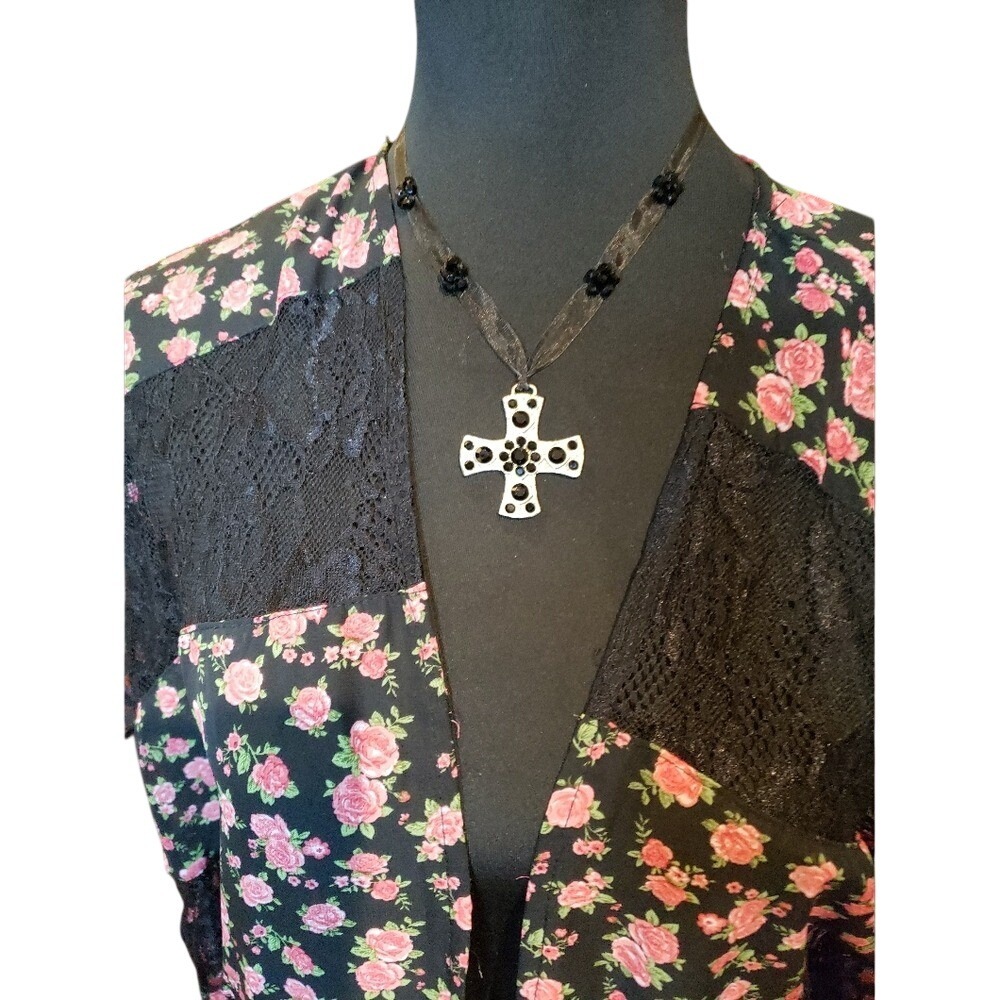 Gothic Silver Tone Black Rhinestone Cross Pendant Black Ribbon Necklace Alt Emo